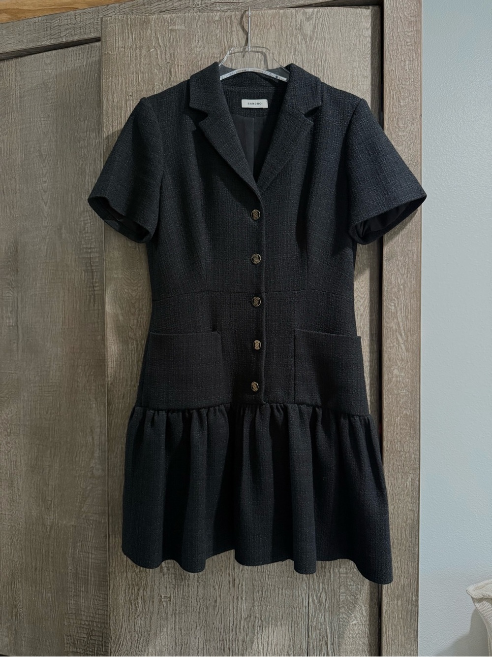 Sandro Black Short-Sleeve Button-Front Tweed Mini Dress - Picture 3 of 10